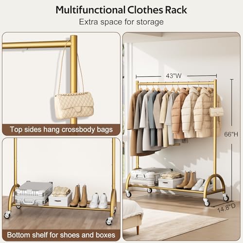 MISSLO Heavy Duty Clothing Rack with Wheels Rolling Clothes Racks for Hanging...