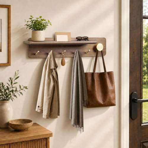 Coat Rack Wall Mount with Shelf, Solid Wood, 5 Brass Hooks, Brown
