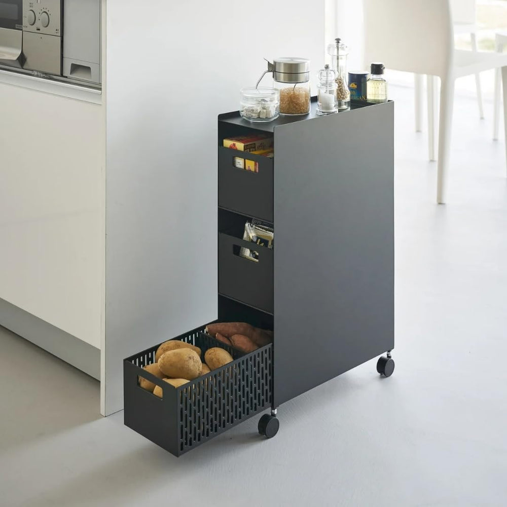 Yamazaki 10016 Tower 3-Tier Storage Rack with Baskets and Wheels, Black, Stee...