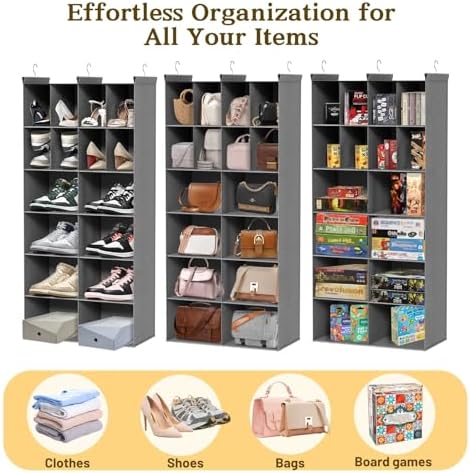 6 Tier Hanging Closet Organizer, 16 Compartments Dual Row Storage, Grey