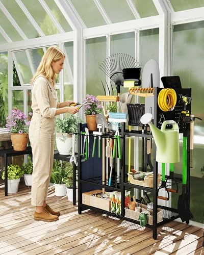 Garden Tool Organizer with Pegboard, Yard Tool Holder Standing for Garage Org...
