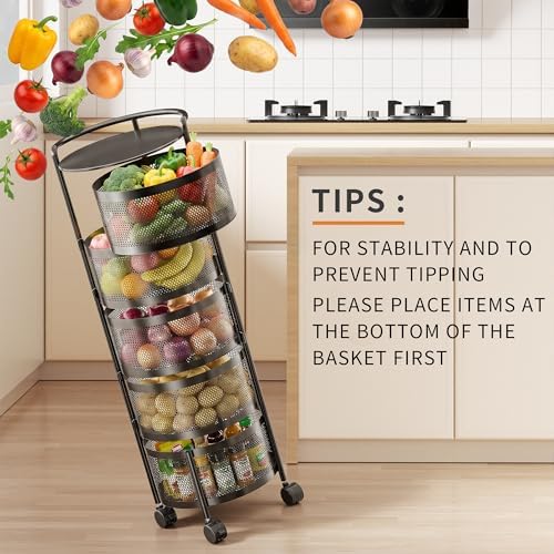 JAQ No Assembly Rotating Kitchen Storage Rack, 5-Tier Metal Basket Organizer ...