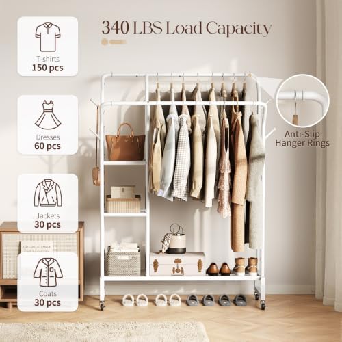 Yoobure Double Rods Clothes Rack - Portable Clothing Rack with Wheels, Rollin...