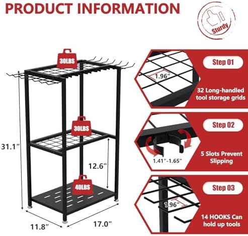 Faesun Garden Tool Organizer, 3-Tier Metal Yard Tool Rack with 14 Hooks &...