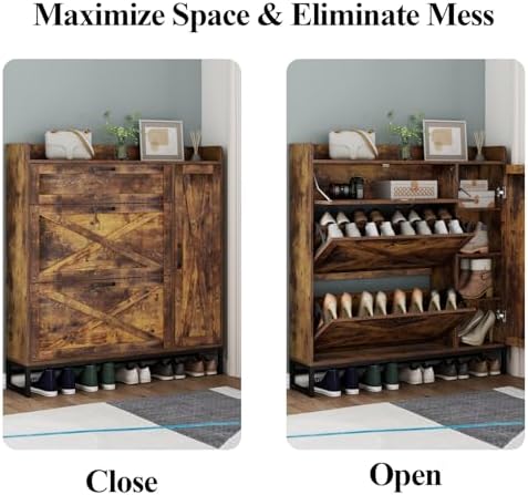 Free Standing Shoe Cabinet with 2 Flip Drawers and Adjustable Side Cabinet