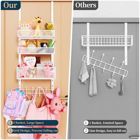 Consumest Over The Door Hooks Organizer - 4 Tier Door Coat Rack with 3 Basket...