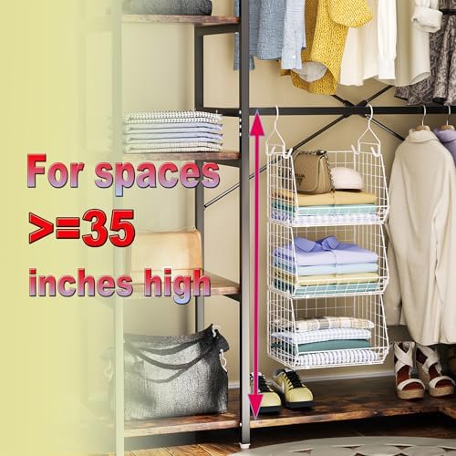 X-cosrack 3 Tier Foldable Closet Organizer, Clothes Shelves with 5 S Hooks, W...