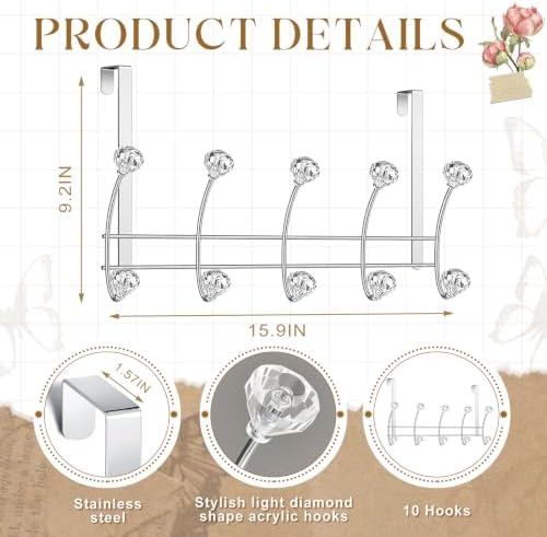 Over The Door Towel Hooks with Crystal Knobs, 10 Hook Heavy Duty Doors Hanger...