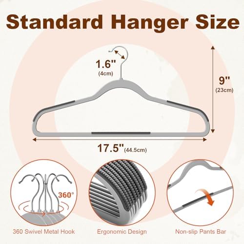 HOUSE DAY Non Slip Plastic Clothes Hangers 60 Pack with Rubber Pads, Grey