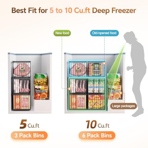 Freezer Organizer Bins, 6 Pack Enlarged Baskets for 5-9 Cu.FT Deep Freezer