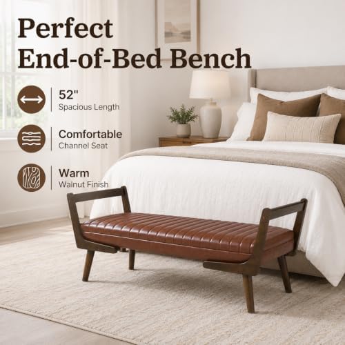 52" Upholstered Bench, Brown Faux Leather, Walnut Legs