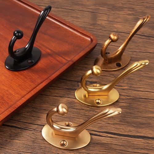 Antique Brass Heavy Duty Wall Hooks – 6 Pack Rustic Coat Hooks for Hanging Co...