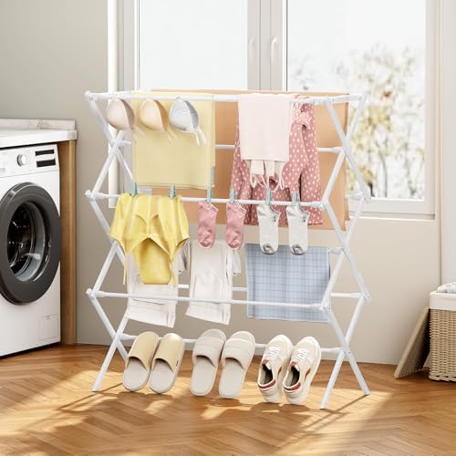 KINGBOARD Clothes Drying Rack, 3-Tier Foldable Extendable, White