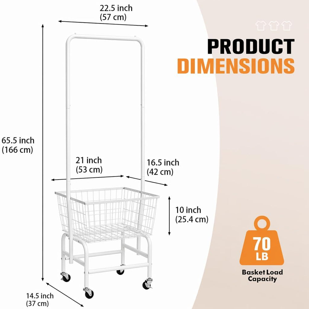 ALIMORDEN Rolling Laundry Cart with Hanging Rack & Metal Basket, White