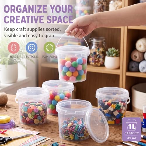 50 Pcs 34oz Maxcheck Plastic Bucket with Lids and Handles Bulk, Clear