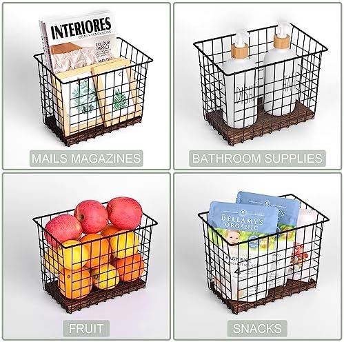 Wall Hanging Baskets, 3 Wooden Wire Bins with Hooks & Adhesive Mount(Large)