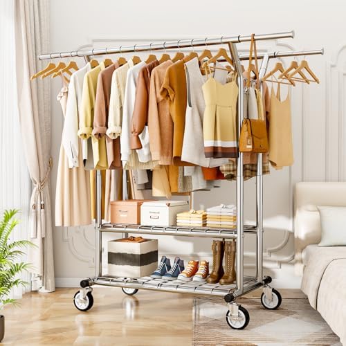 HYSEYY Heavy Duty Clothes Rack 620 LBS, Rolling Clothing Rack with Wheels