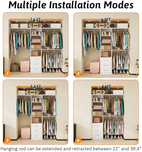 Closet System with Drawers, 5FT-8FT Closet Organizer System with Shelves &...