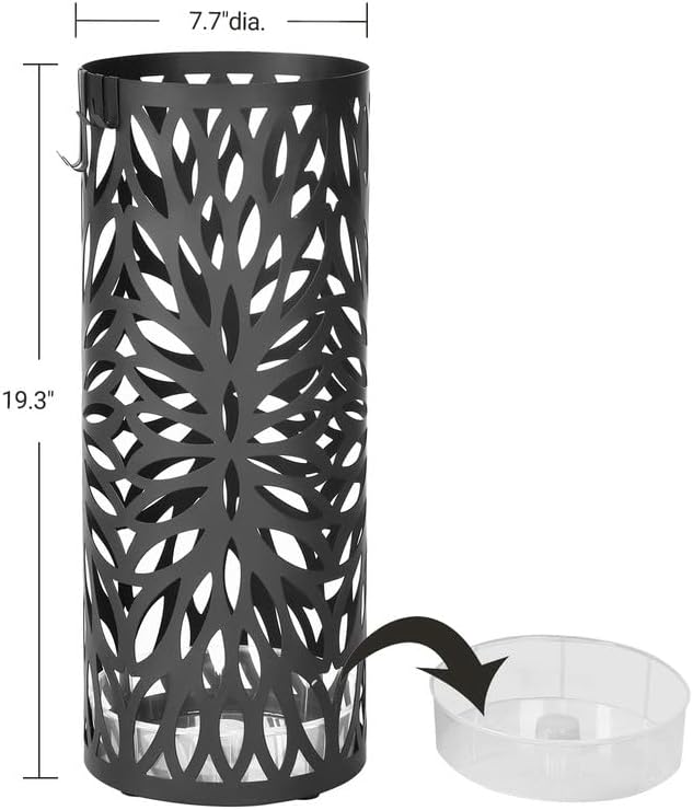 SONGMICS Umbrella Stand, Steel Round, Detachable Drip Tray, 4 Hooks