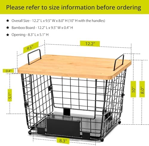 2 Set Large Stackable Wire Basket with Bamboo Tops & Tag- Pantry Organize...
