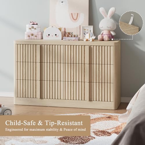 YANSNWO 47" Wide Fluted 6 Drawer Dresser for Bedroom, Natural Oak