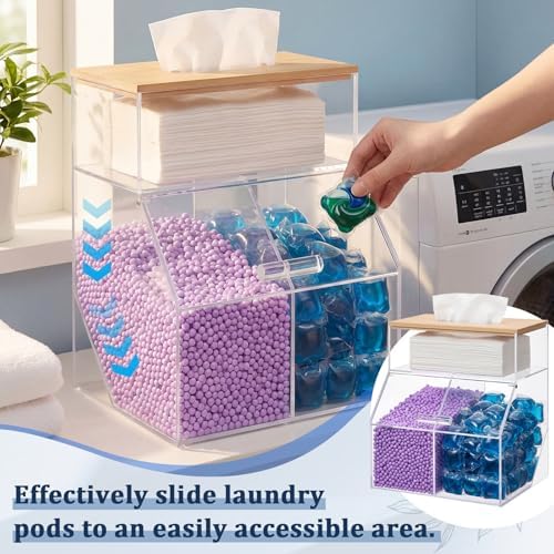 Juexica 3 in 1 Acrylic Laundry Containers for Organizing with Bamboo Lid