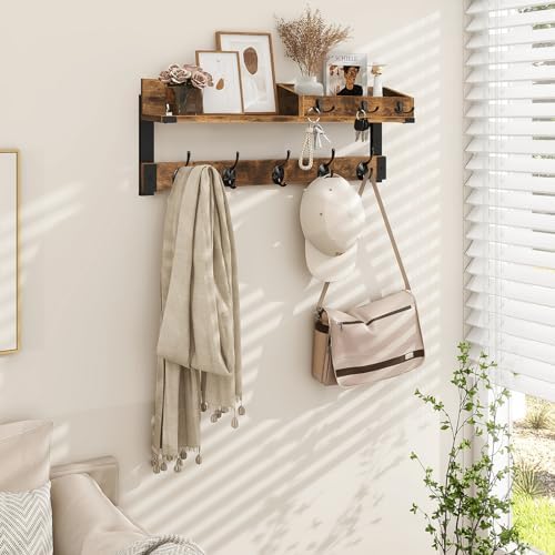 Homode Coat Rack with Shelf, Wall Shelf with Hooks, Rustic Brown Black