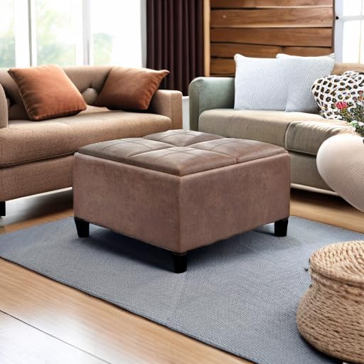 SIMPLIHOME Avalon 35" Wide Vegan Leather Storage Ottoman in Umber Brown