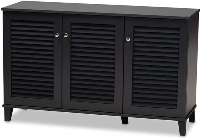 BOWERY HILL Contemporary Wood 8-Shelf Shoe Cabinet, Dark Gray Finish, Solid and Engineered Wood, Tapered Legs, Silver Metal Knobs, Modern Storage for 16 Pairs of Shoes