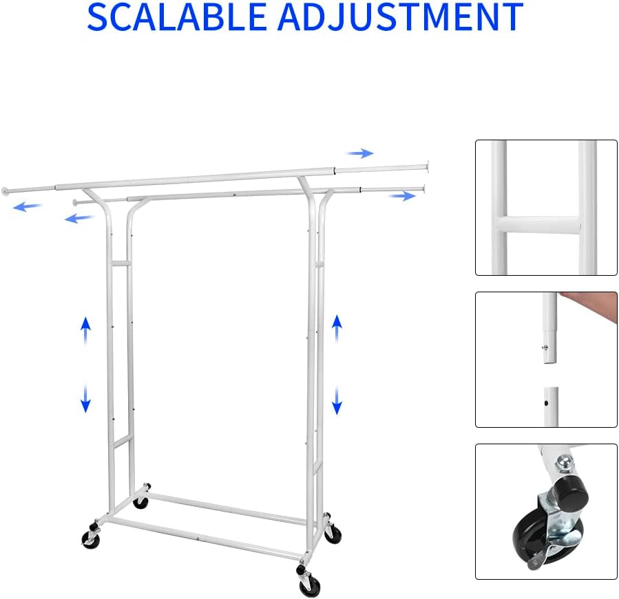 White 60" H Heavy Duty Double Rod Rolling Garment Clothes Rack