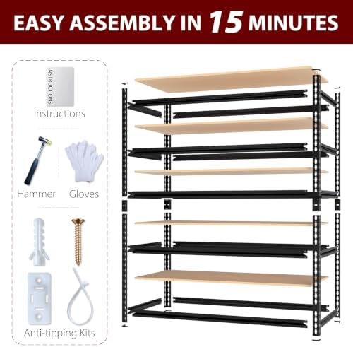 Heavy Duty Garage Shelving, 5 Tier Metal Adjustable Storage Shelves, 3000 LBS...