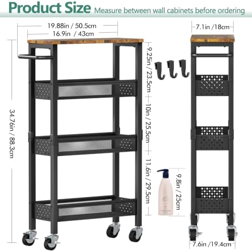 Vivihomety 4-Tier Slim Utility Rolling Laundry Cart with Wheels, Metal