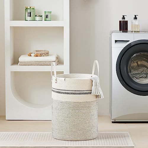 VIPOSCO 53L Tall Woven Rope Laundry Hamper, Leather Handles, Stripe White
