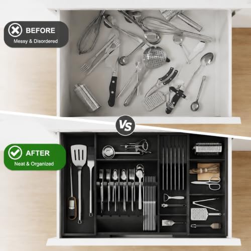 Bamboo Expandable Kitchen Drawer Organizer, 17.7-29.5 in,Black