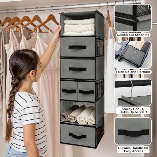 GRANNY SAYS Hanging Closet Organizer, 5 Drawers, 6 Shelves, 6 Pockets, Gray