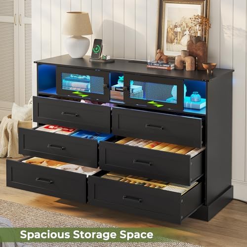 Hasuit 6 Drawer Dresser with LED Lights and Charging Station, Farmhouse Chest...