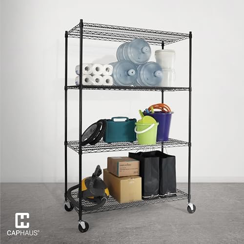 CAPHAUS 4-Tier Heavy Duty Adjustable Height Wire Shelving Unit w/Wheels &...