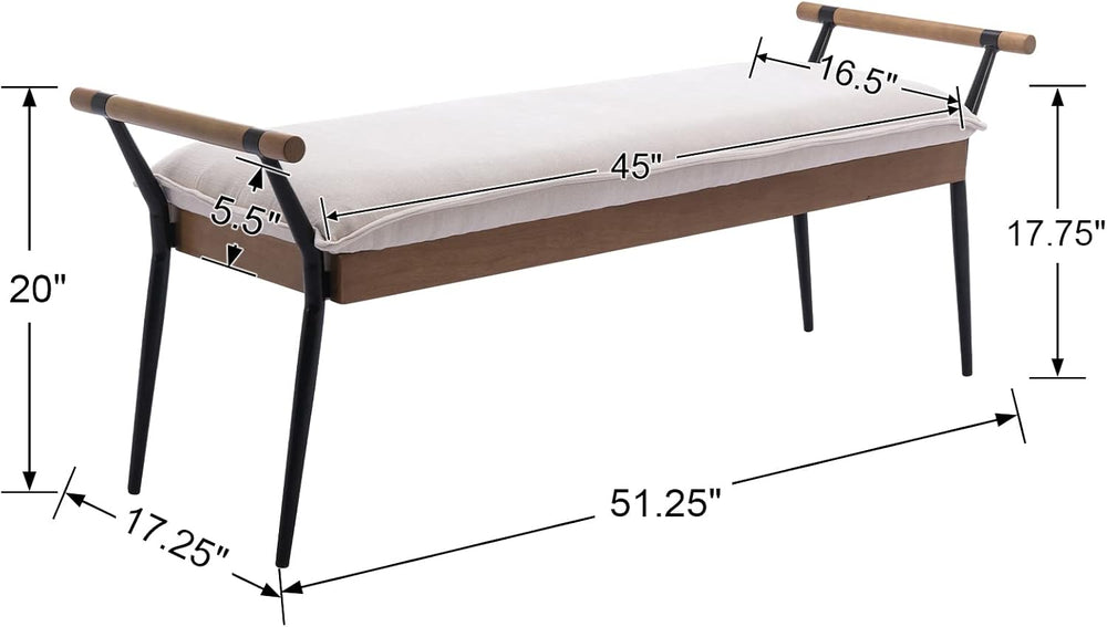 DUOMAY Modern Chenille Ottoman Bench with Arms & Metal Legs, White