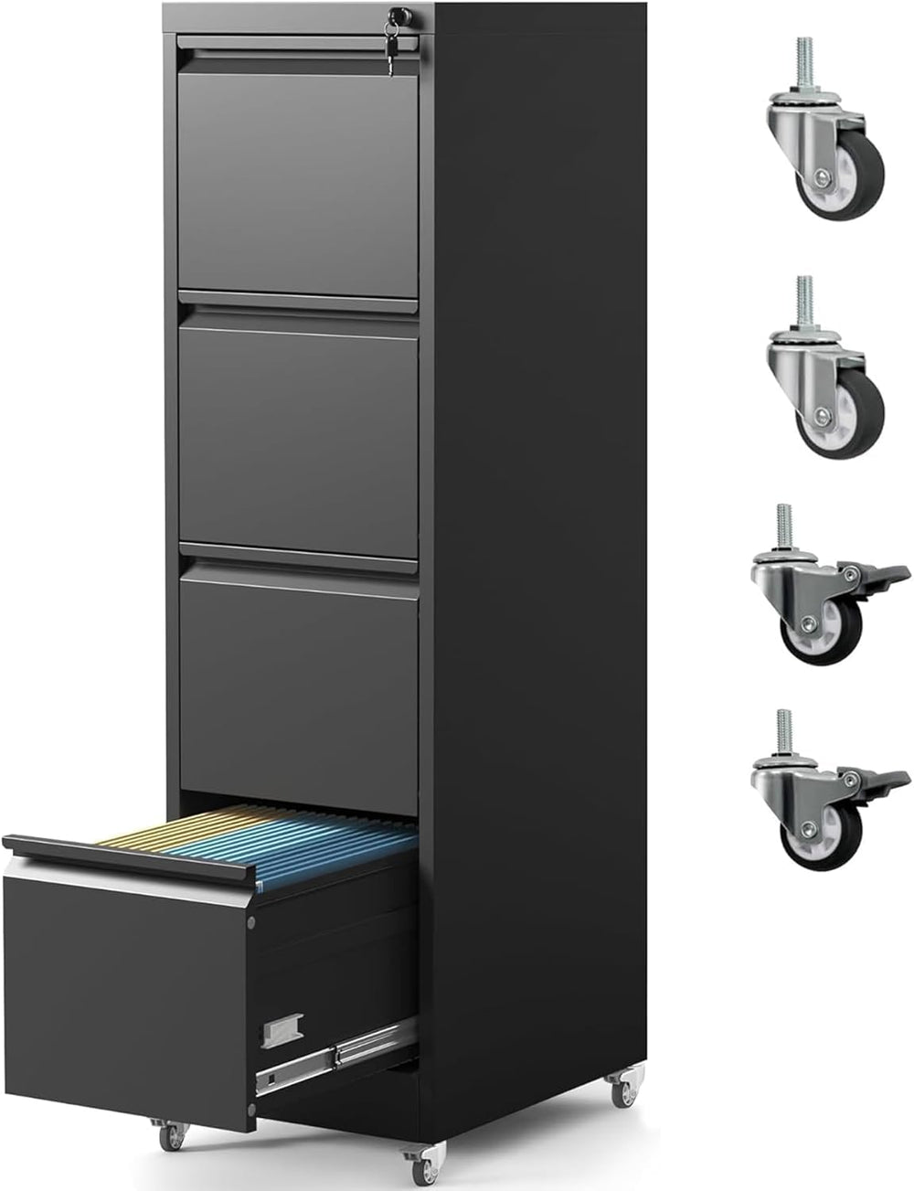 4 Drawer File Cabinet with Wheels, Metal Filing Cabinet with Lock and Wheels,...
