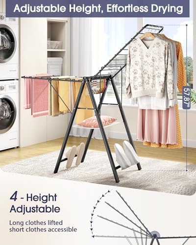 APEXCHASER Clothes Drying Rack, 67.3" L Height Adjustable, Foldable, Black