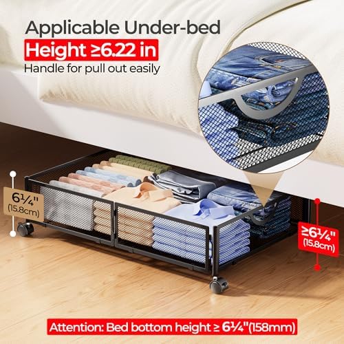 Yecaye Under Bed Storage with Wheels, 2 Pack Under Bed Shoe Storage, Black