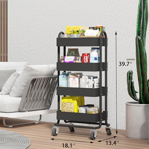 4-Tier Metal Rolling Cart with Wheels,4 Tier Utility Cart with Wheels for Off...