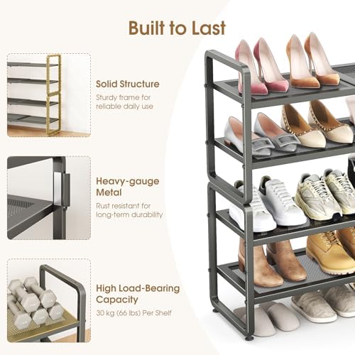 SAYZH Expandable Shoe Rack for Closet, Adjustable Metal Shoe Organizer with S...