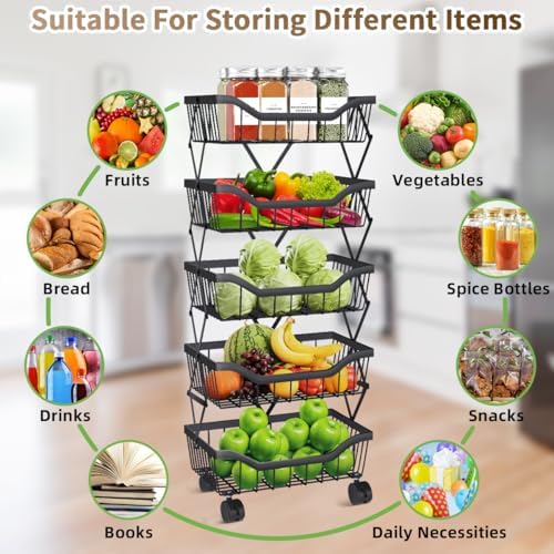 Fruit Vegetable Storage Basket 5 Tiers Stackable Metal Wire Fruit Basket Kitc...
