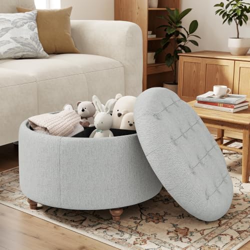 25" Round Ottoman with Storage, Small Coffee Table with Reversible Tray Lid