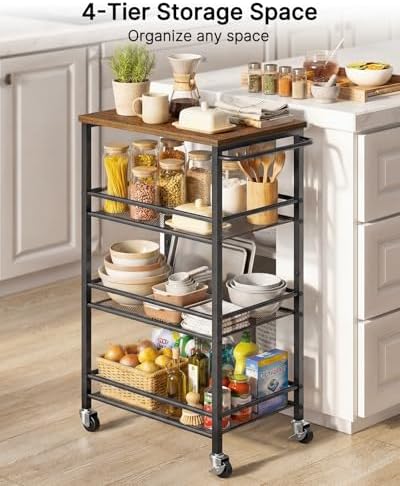 Pipishell Laundry Storage Cart with Wheels, Handle & Wood Top, Metal 4 Tier