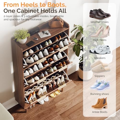 VINGLI Fluted Shoe Storage Cabinet for Entryway with 3 Flip Drawers, Narrow S...