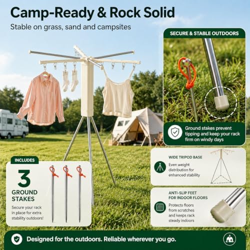 Foldable Tripod Clothes Drying Rack, 6-Pole Stand with 12 Clips