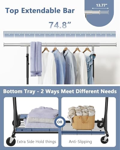 Hoctieon 1-Minute Assembly Clothes Rack, 480 lbs Heavy Duty Rolling Clothing ...