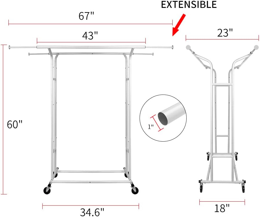 White 60" H Heavy Duty Double Rod Rolling Garment Clothes Rack